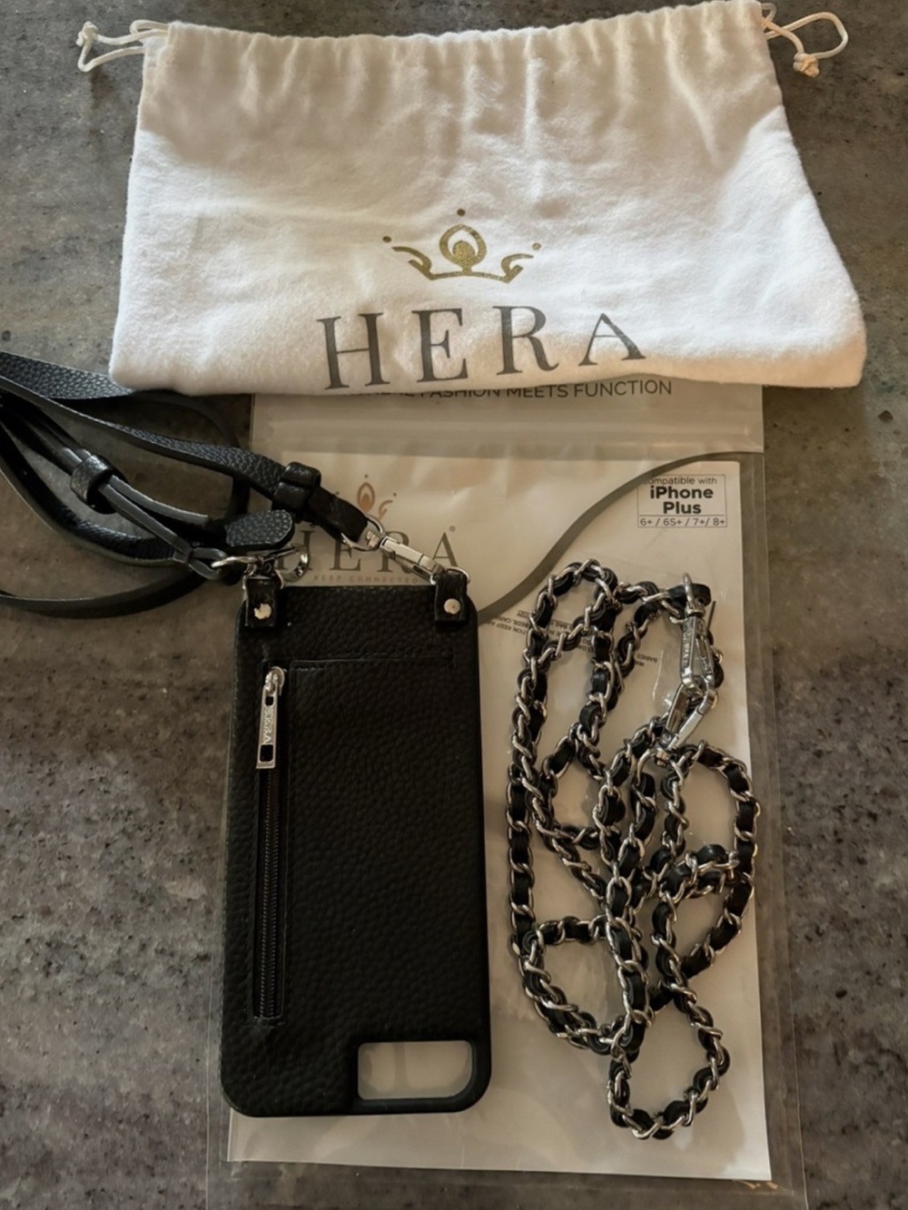 HERA Crossbody iPhone Case Black & Bonus Chain Strap iphone Plus 6+, 6S+, 7+, 8+